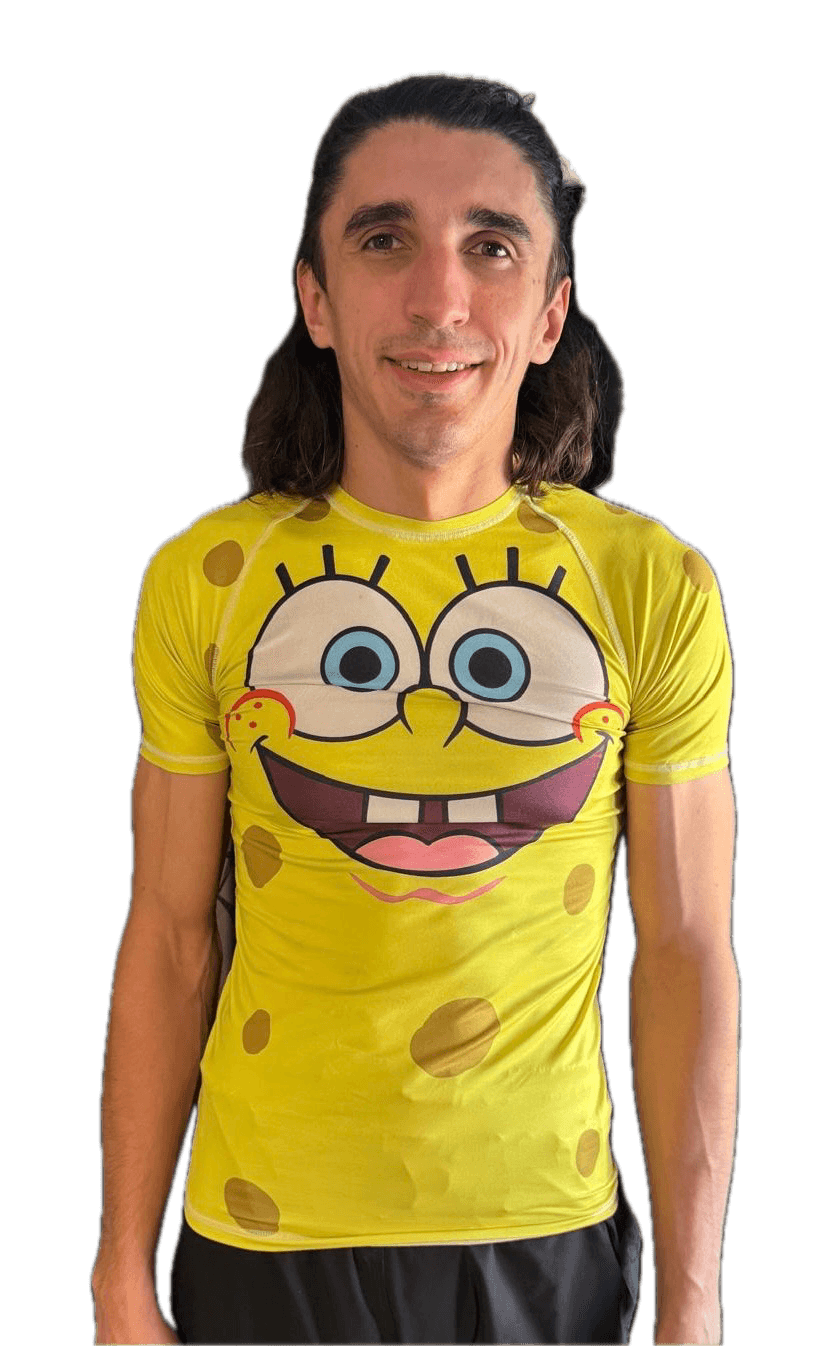 Seb Chamney in a yellow SpongeBob rashguard